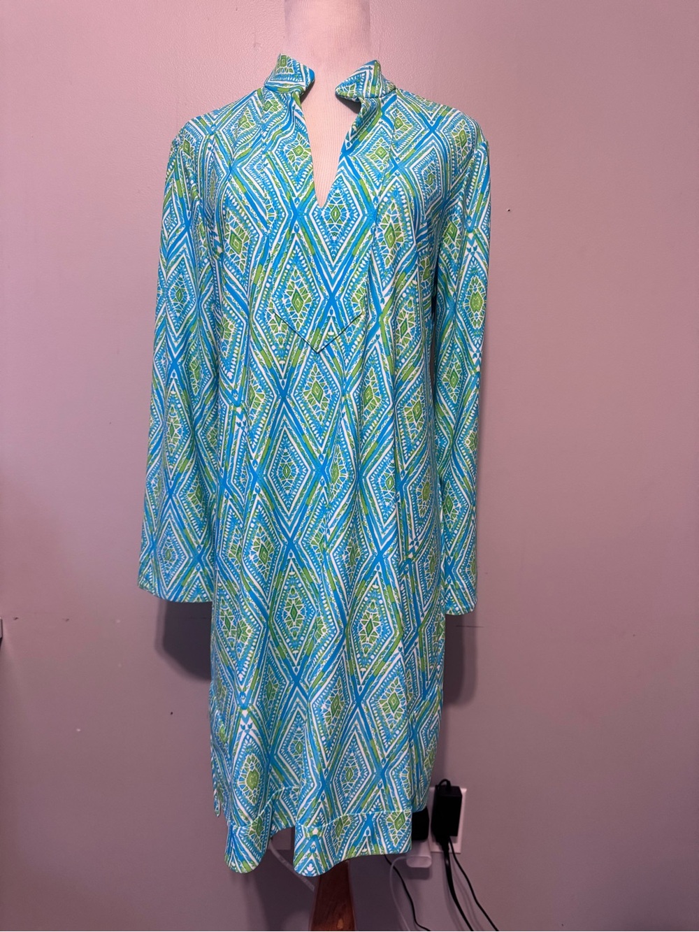Jude Connally Blue & Green Geometric Long Sleeve Shift Dress